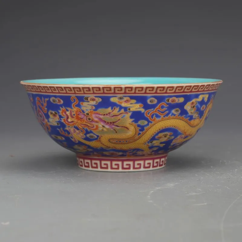 Qianlong blue enamel bowl with dragon pattern