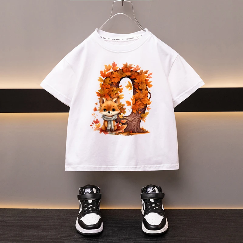 Maple Leaves Letter Q Children T-shirt Kawaii Clothes for Girls T Shirt Anime Cartoons Casual Kid Boy Short Sleeve Tops New 2024