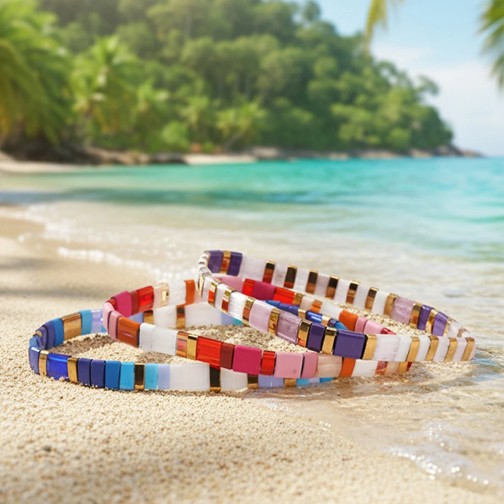 

3PCS Colorful Tile Beaded Bracelet Set for Women Girls, Boho Square Beads Stretch Bracelets Summer Beach Holiday Fashion Jewelry