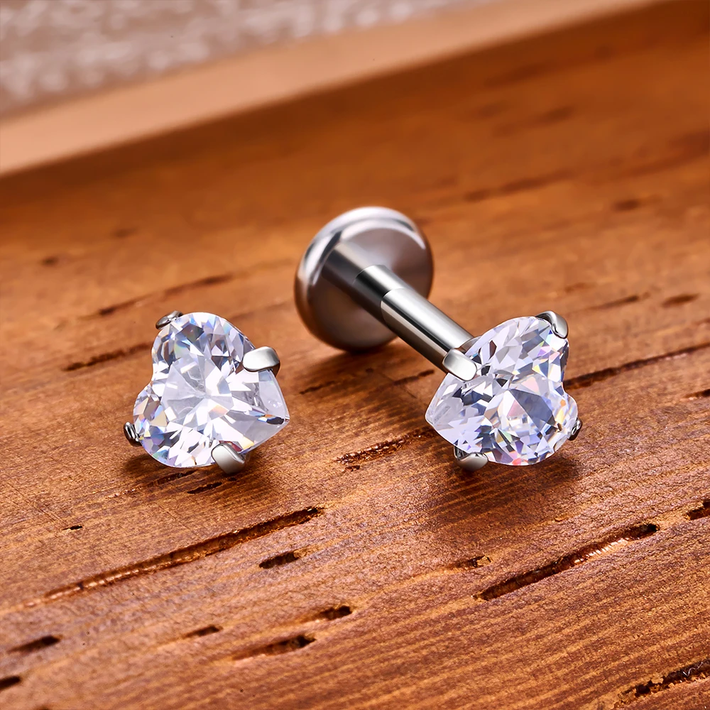 10Pcs/lot G23 Titanium Piercing Heart  CZ Labret Ear Stud Earrings For Women Square Shape Lip Stud Body Jewelry Helix Tragus