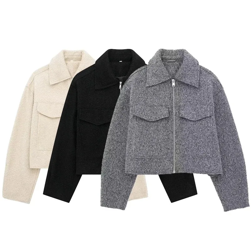 

Women Fashion With Pockets Grey Front Zipper Jackets Vintage Lapel Neck Long Sleeves Female Chic Lady Outfits