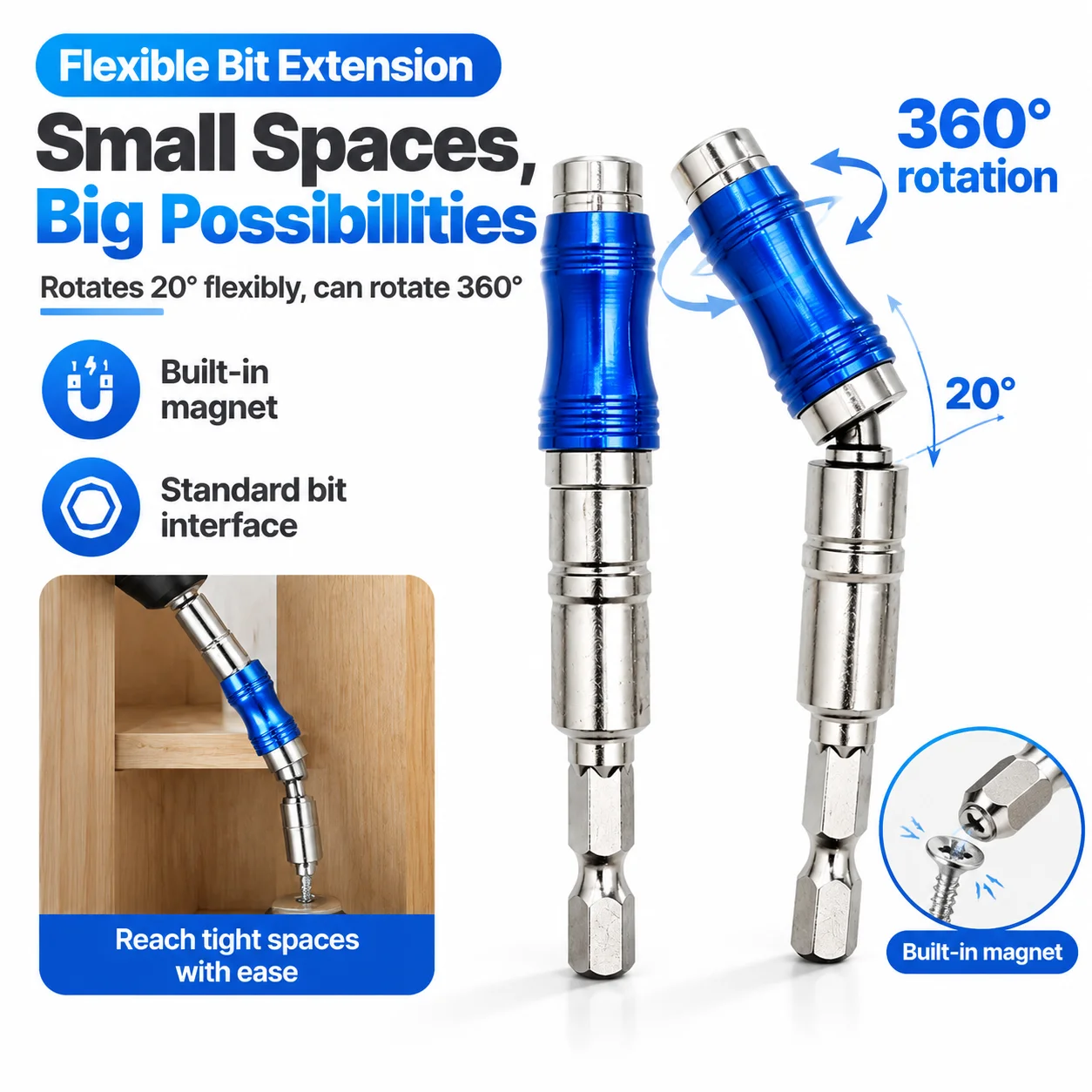 20° Angled Magnetic Drill Bit Extension Rod, 360 Degree Rotatable 1/4
