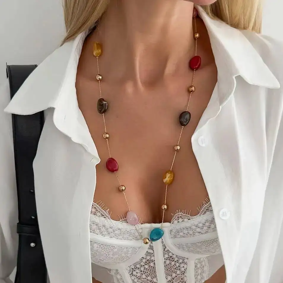SHIXIN Boho Y2K Colorful Acrylic Resin Bead Choker Necklace Women Exquisite Retro YShaped Long Adjustable Clavicle Chain Jewelry