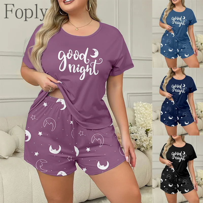 

Women's Plus Size 5XL Good Night Letter Print Star Moon Pattern Pajama Set Summer 2Piece Sleepwear Shortsleeve Top Shorts Pijama