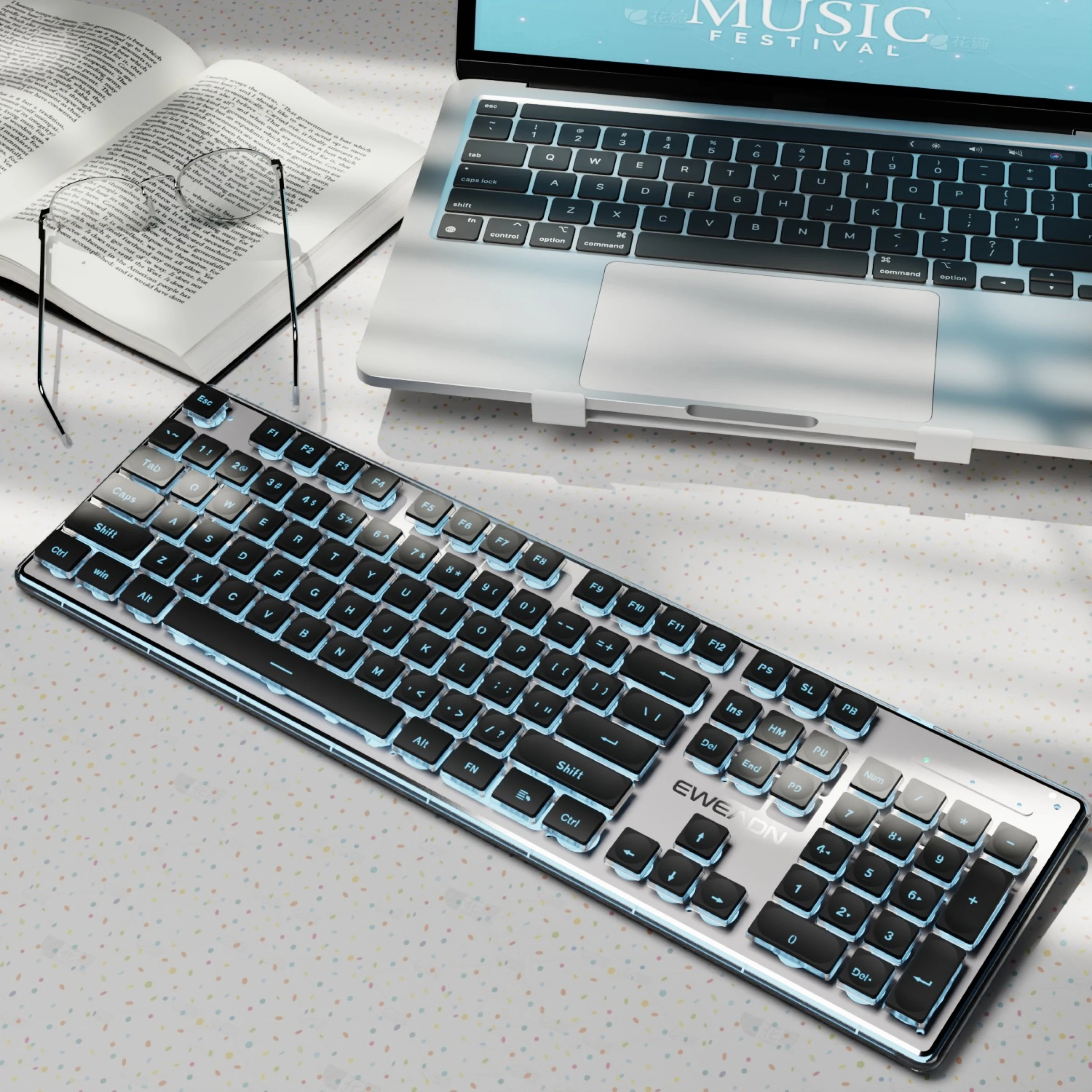 

EWEADN Silent Wired Gaming Office Keyboard, Full-Size 104-Key, All-Metal Panel with White LED Backlight, for PC, Home, Dorm