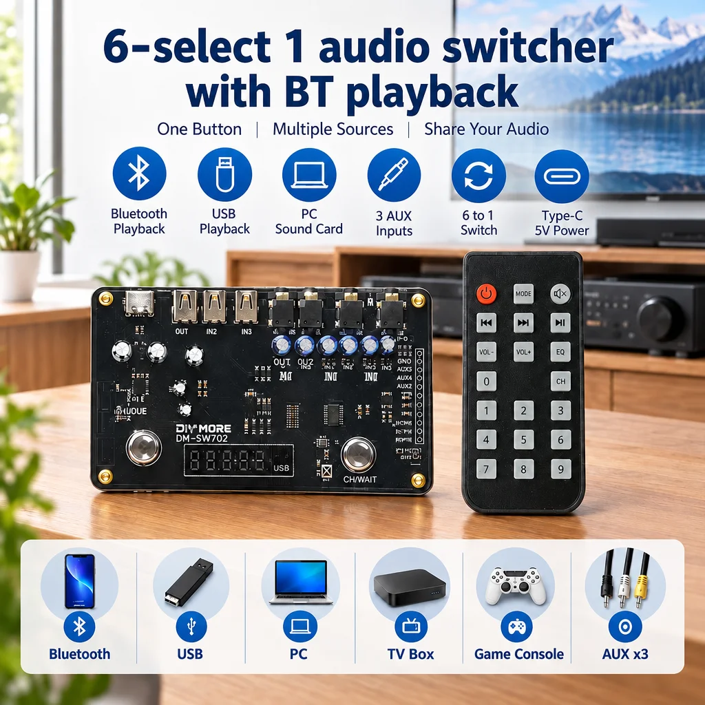 6-Select 1 Audio Switcher DM-SW702 BT+USB+PC+3 input source With Bluetooth Playback For PC Phone TV DVD MP3 Game Console set-top