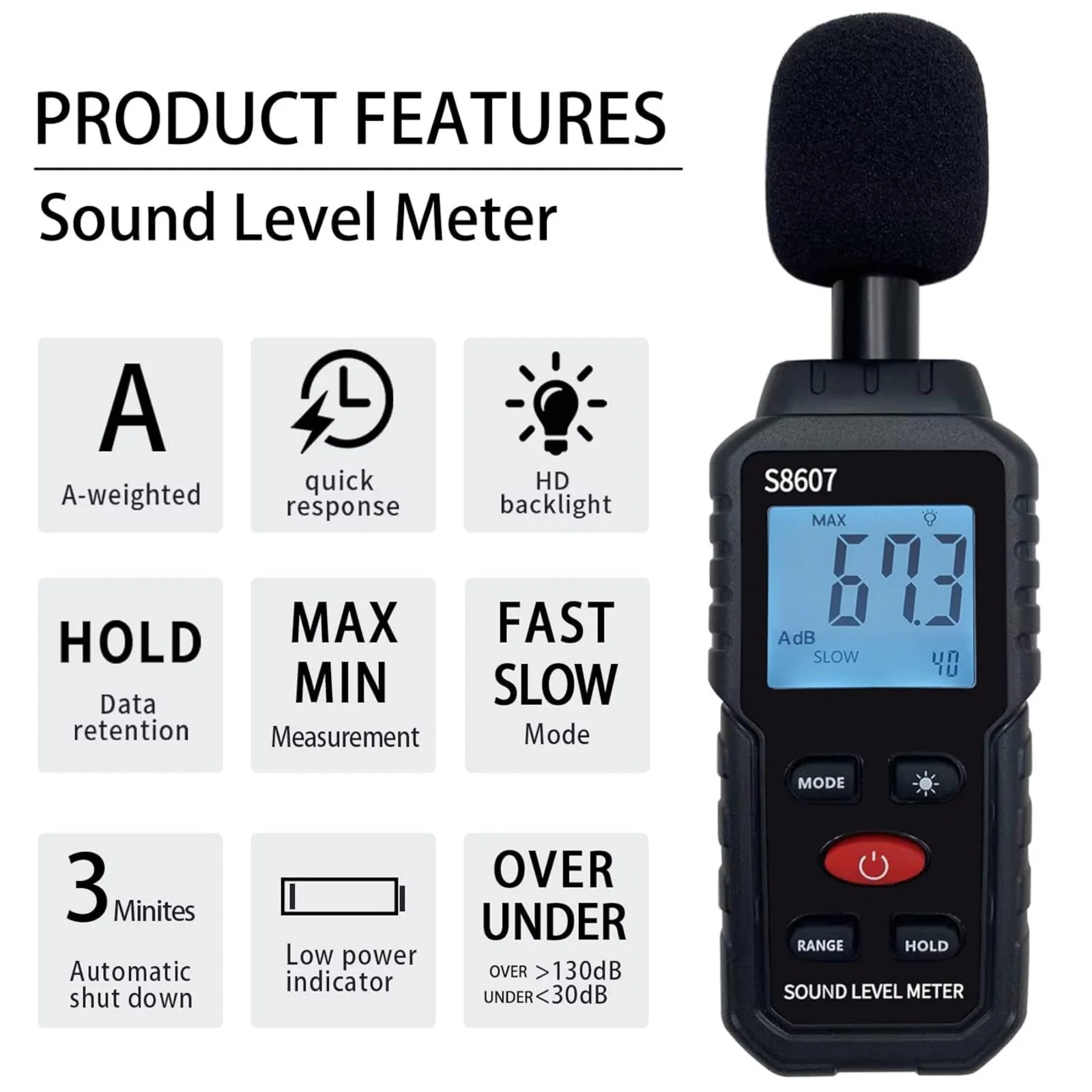 Handheld Decibel Meter with LCD Display, 30-130dB Noise Tester for Home Office Factory, Fast/Slow Response