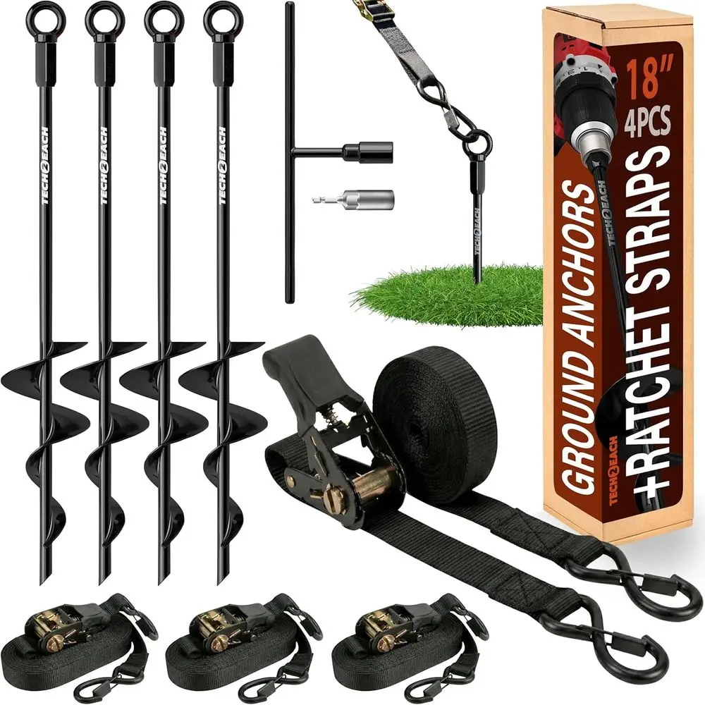 

Ground AnchScrew in Kit with Ratchet Straps (18” 24” 30”, 3/4 Pack) - ully Welded Heavy Duty Earth Anchor - Spiral Tie Down Stak