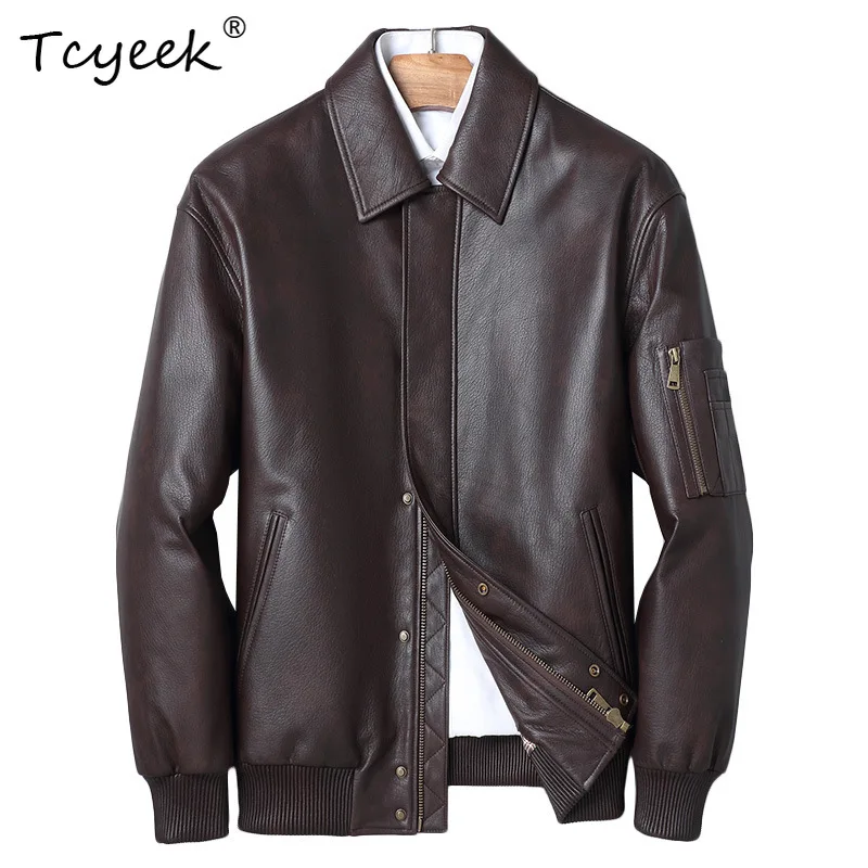 Фото Куртка из натуральной козьей кожи Tcyeek, мужская одежда, пуховики из белого гусиного пуха, модные мужские мотоциклетные куртки, осенне-зимняя коллекция 탑건