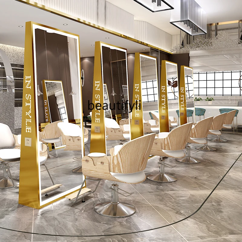 Nordic Barber Shop Dressing Table Stainless Steel Floor Mirror Full-Length Mirror Hairdressing Mirror for Hair Salon