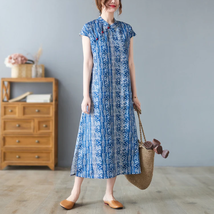 Summer New Vintage Chinese Sle  Wax Print Knee-Length round Collar Svel Low Slit Women's Traditional Costume