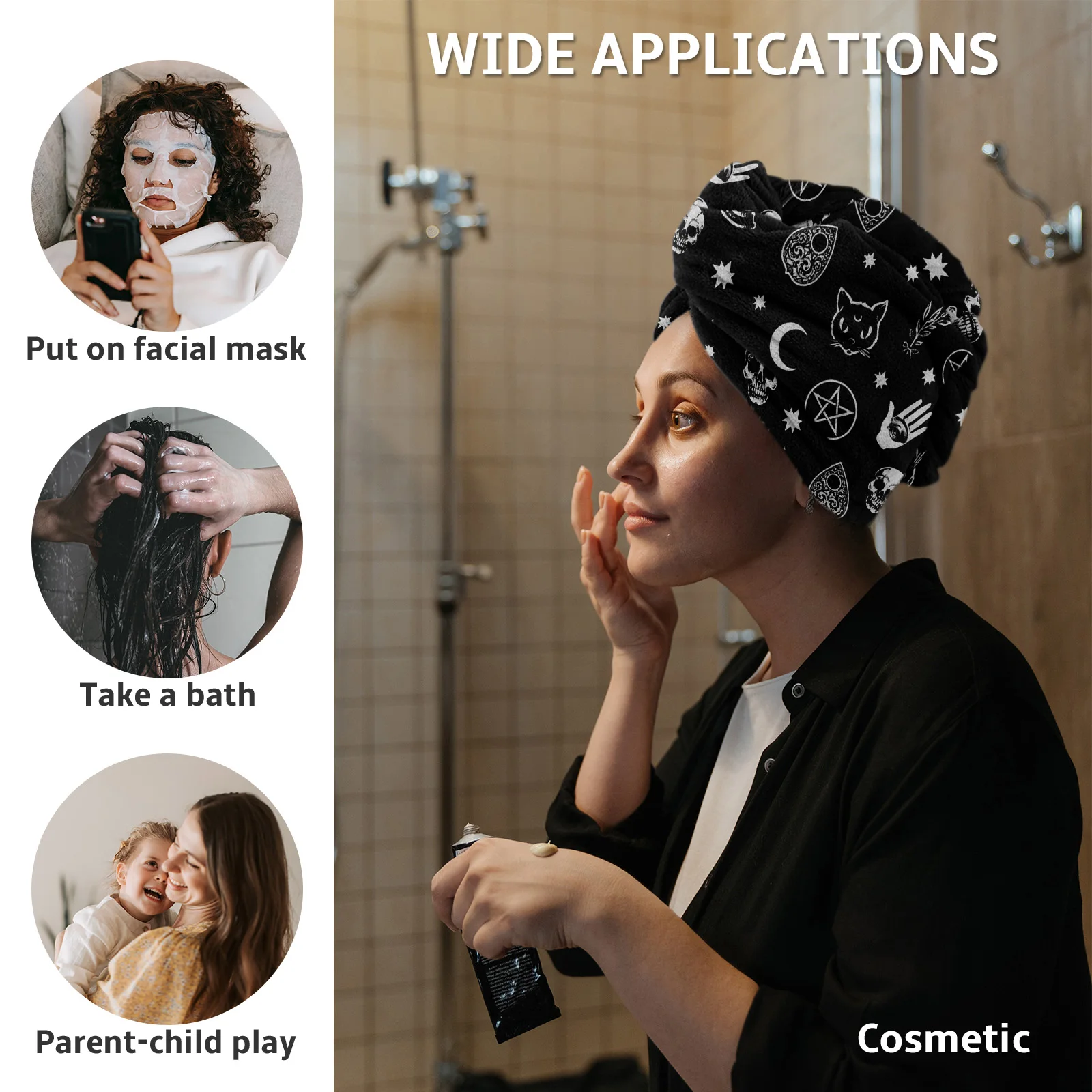 Black Witch Skull Moon Divination Microfiber Dry Hair Towel Quick Drying Hair Cap Absorbent Shower Head Wrap Bathing Tools