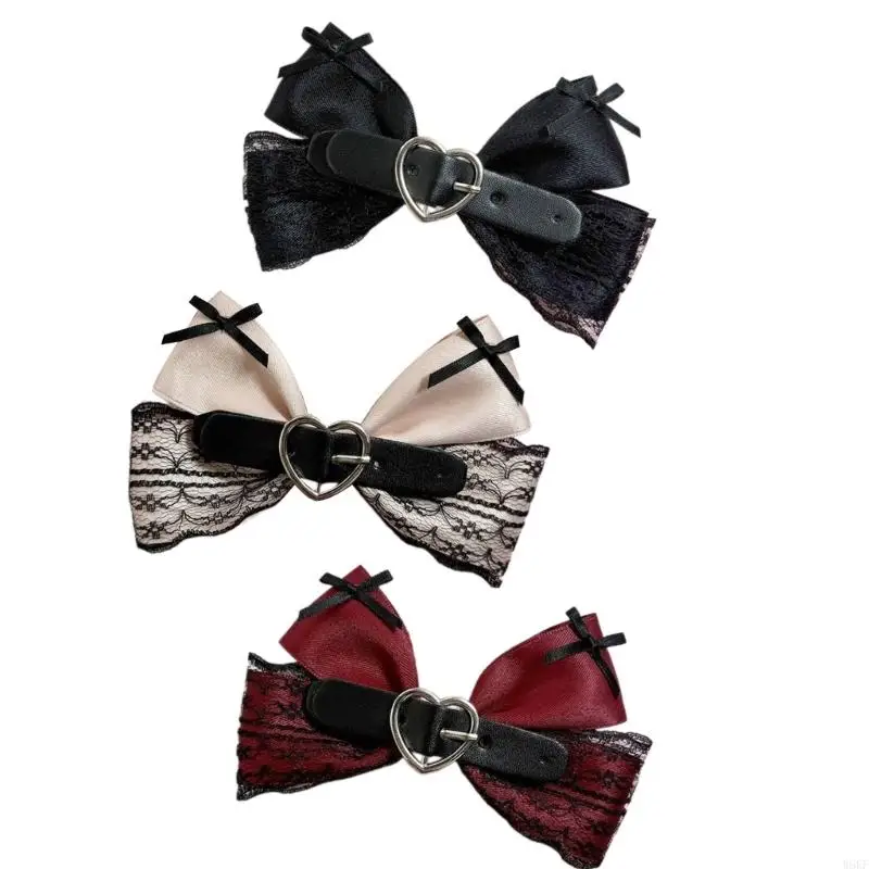 W8KF Flat Clip Hairpin Heart Lace Balletcore Headwear Bunches Clip Elegant Bowknot Hair Clip