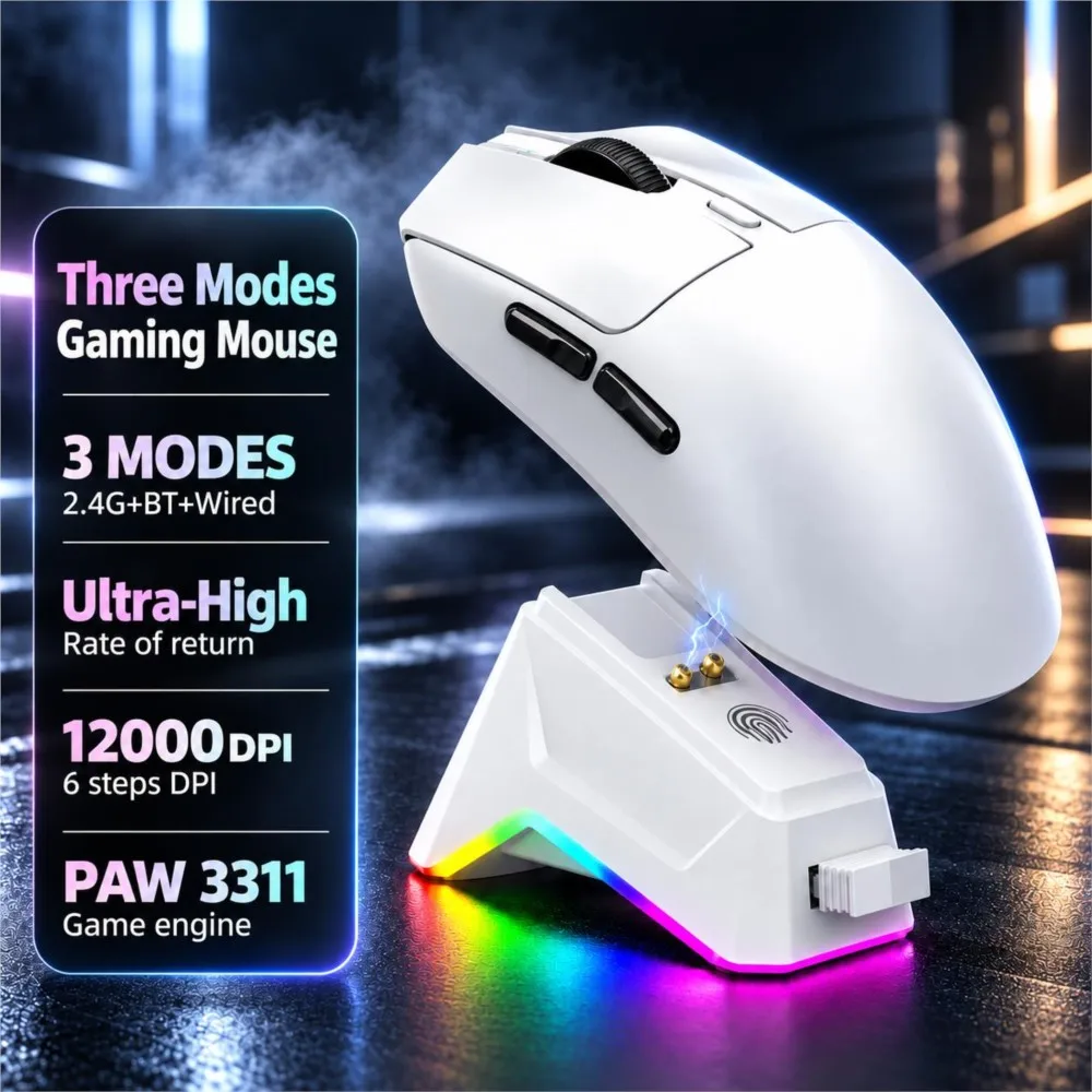 Wireless Bluetooth 3-Mode Mouse Magnetic Charging Dock Adjustable 12000 DPI PAW3311 Ultra-Light Rechargeabe Mouse for Work Game