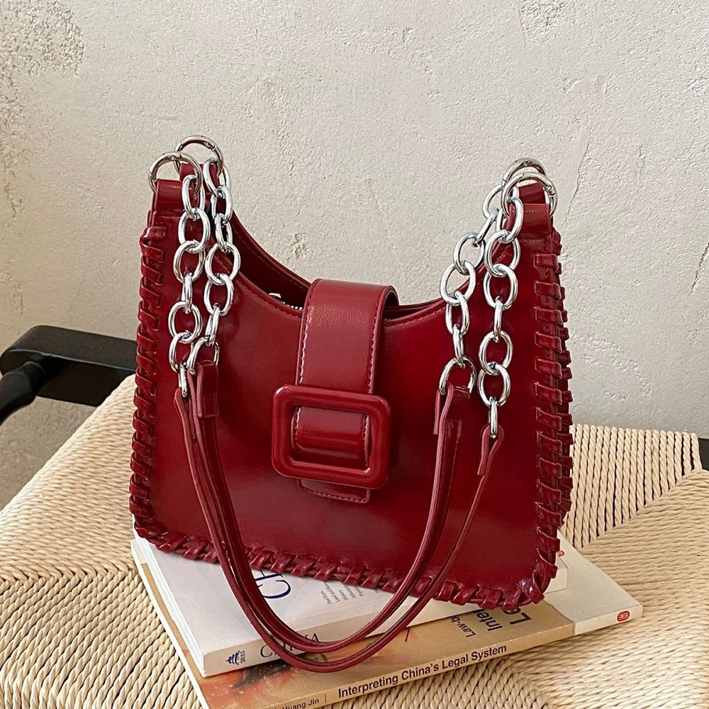 Korean Style Chain Shoulder Bag Women's High Grade Glossy Pu Leather Square Bucket Bags Daily Dating Commuter Underarm Handbags