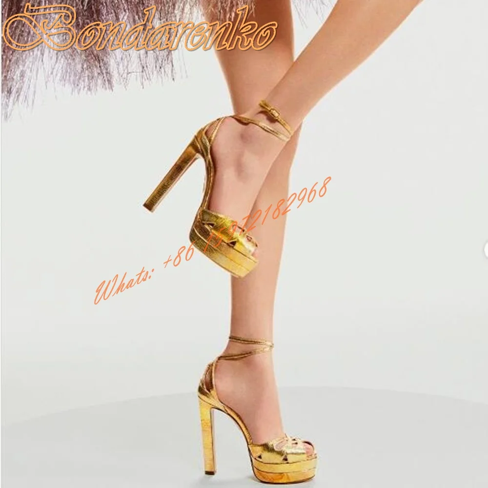 Gold Stone Pattern Sandals Peep Toe Knot Platform Chunky High Heels Solid Buckles Straps Sandals Women Sexy Shoes Summer Design