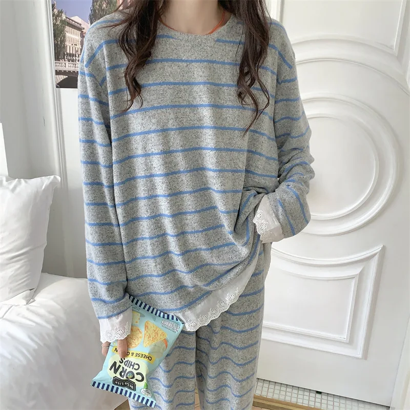 

New Pajamas Set Women Striped Comfortable Lace Suit Leisure Loose Homewear Clothes for Women Casual Round Neck Gray Sleepwear