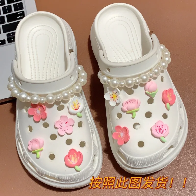 New Hot Elegant Women DIY Shoes Charms for Cute Sakura Accessories White Pink All-match Clogs Shoe Decorations Fashion Bundle