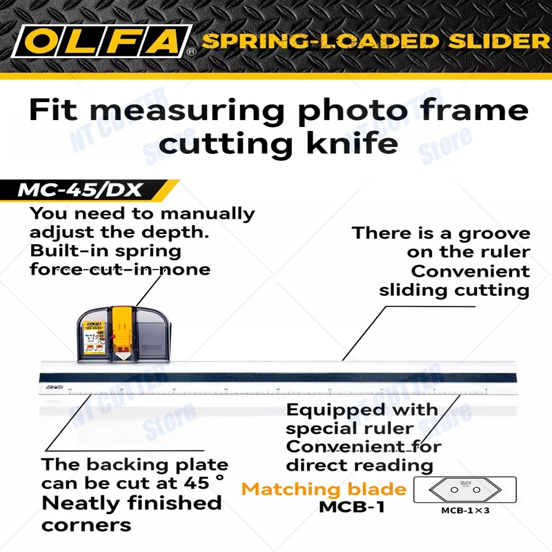 Comes with 3 blades, original Japanese OLFA MC-45/DX photo frame knife, 45-degree bevel cutting knife, with measuring ruler 47cm×0.5m, photo frame utility knife, used for: cardboard/bevel edge/cutting