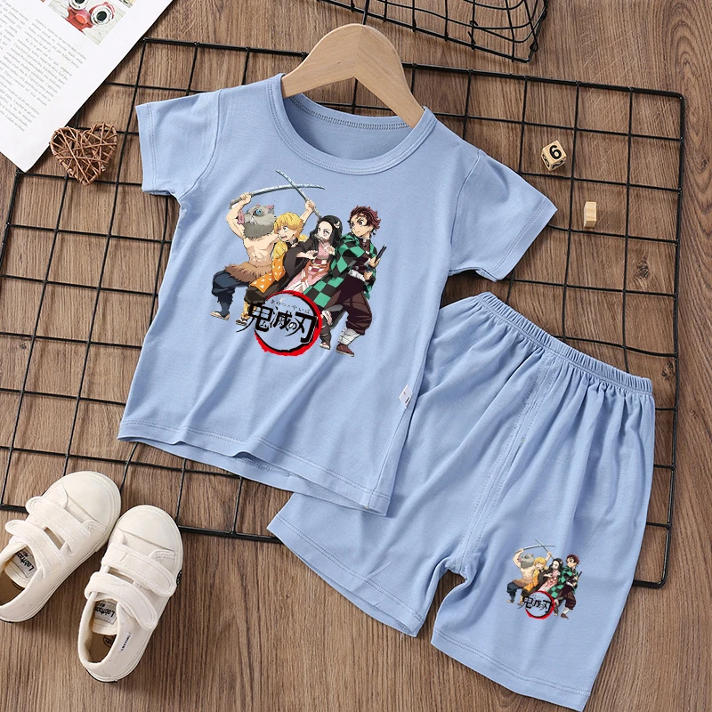 Demon Slayer Baby Pajama Suit Kamado Nezuko Girl Sleepwear Kamado Tanjirou Boy Pijamas Outfit Home Tops Pants Set Sleep Clothes