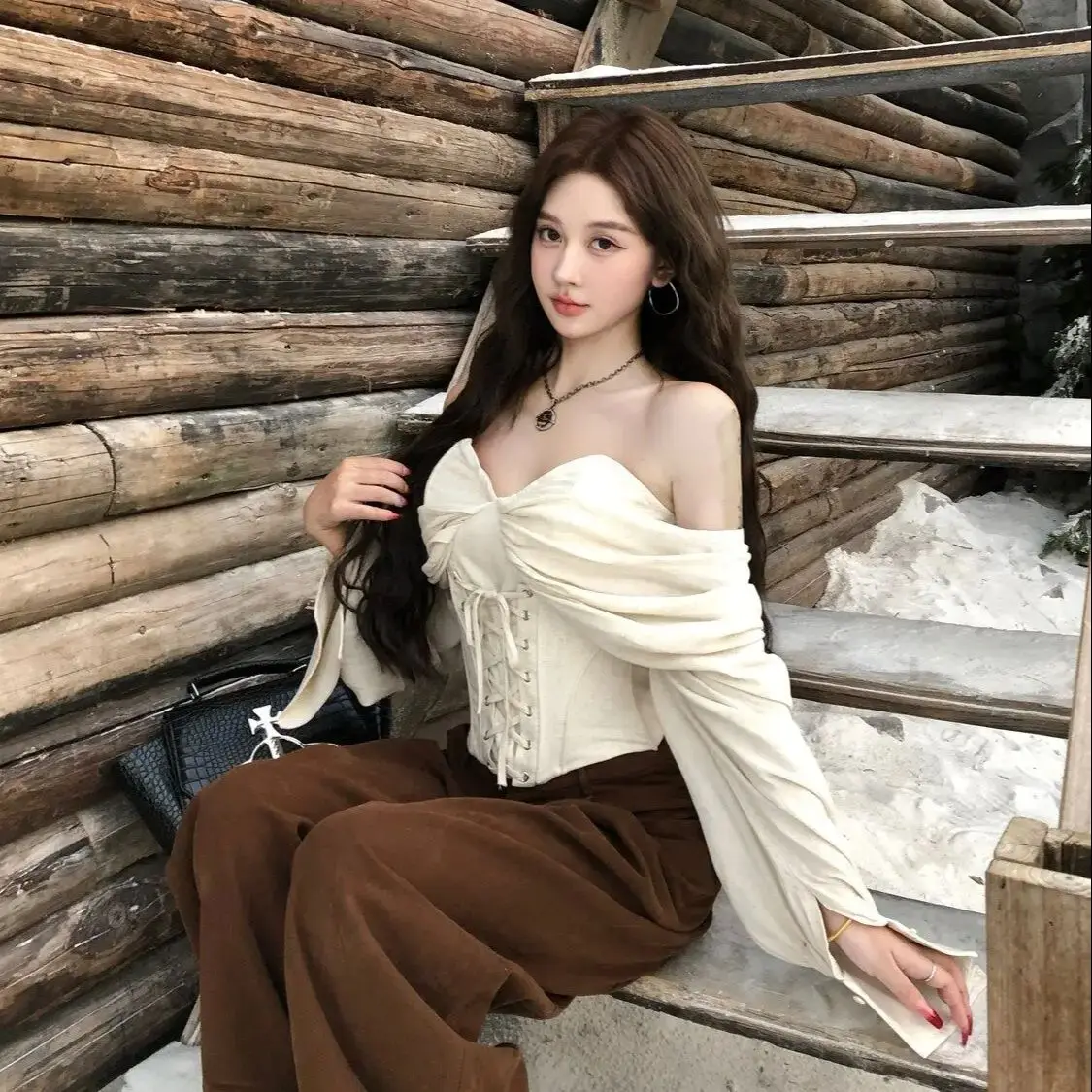 One-Shoulder Spliced ​​Long-Sleeved Tube Top T-Shirt Women Autumn Winter Off-White Slim Fit Strappy Hot Girl Design Short Top