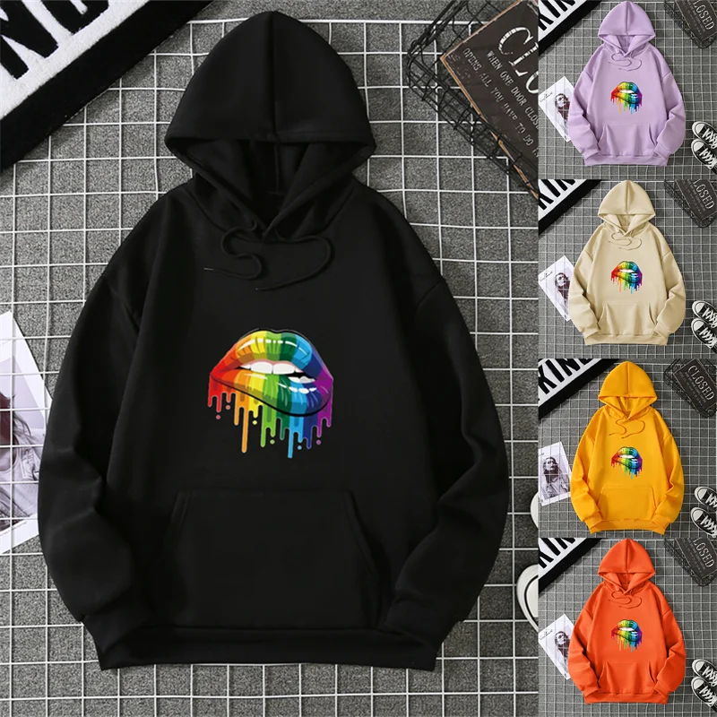 

Модная женская толстовка с ярким принтом губ 2025 года, женская уличная толстовка с капюшоном и карманами, женская толстовка, женская одежда