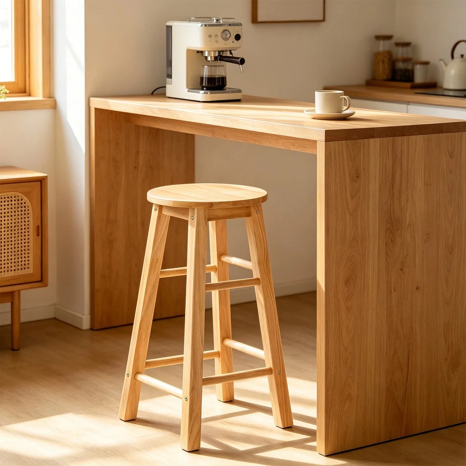 60cm Wooden Bar Stool Round Kitchen Breakfast Stool Solid Wood Dining Chair Pub Stool for Home Bar Counter Seat with Wrench