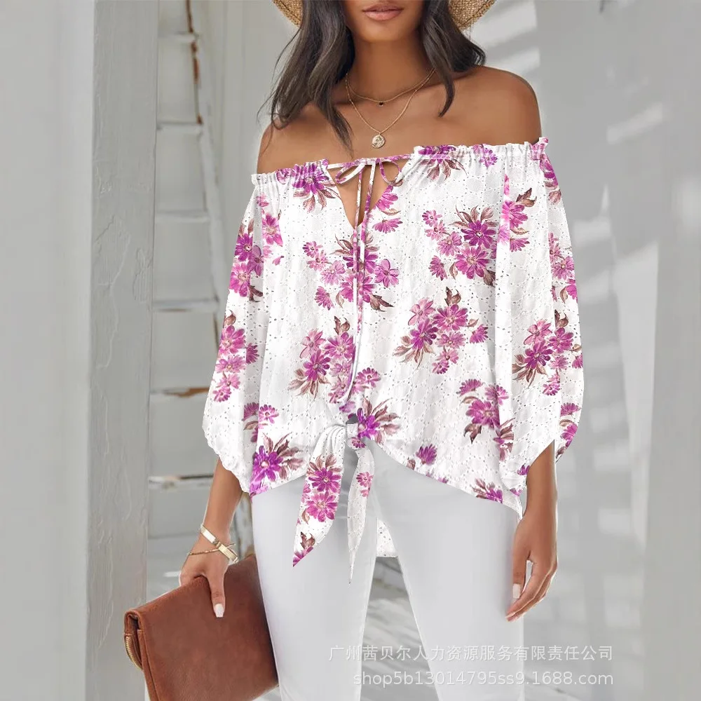 Women Strapless Slash Neck Floral Print Off Shoulder Eyelet Embroidery Blouse Three Quarter Sleeve Tied Detail Top