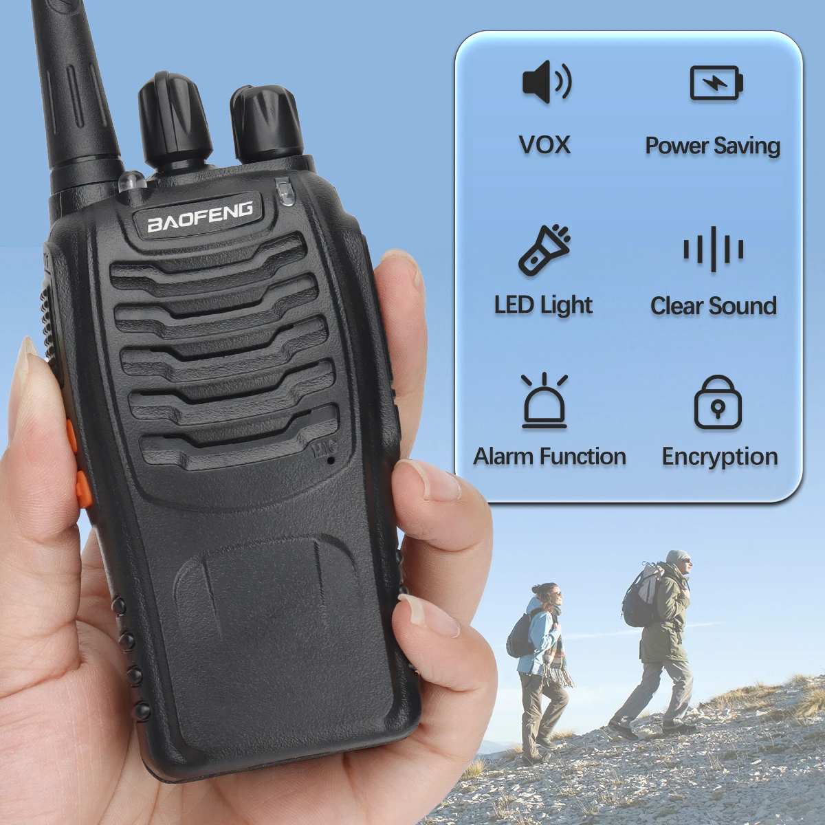 Baofeng-Rádio portátil em dois sentidos, BF-888S, 16 canais, Walkie Talkie, UHF, 400-470MHz, ao ar livre, caça, camping, 2pcs