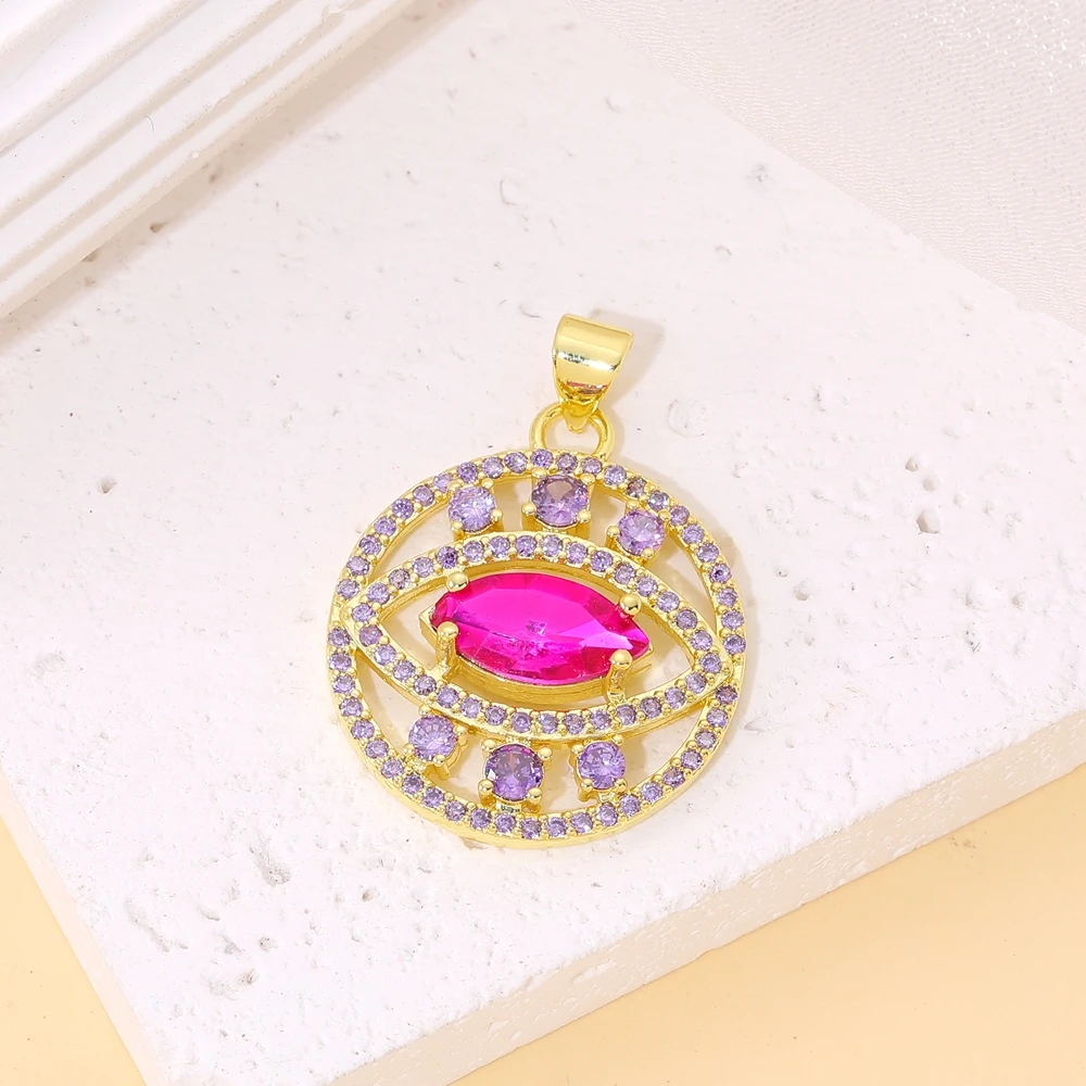Juya 18K vergoldete Luxus-Anhänger mit Regenbogen-Zirkonia, Stern, Libelle, Baum des Lebens, Biene, Liebesherz, rundem griechischem Bösen-Auge-Charm – Detail 26