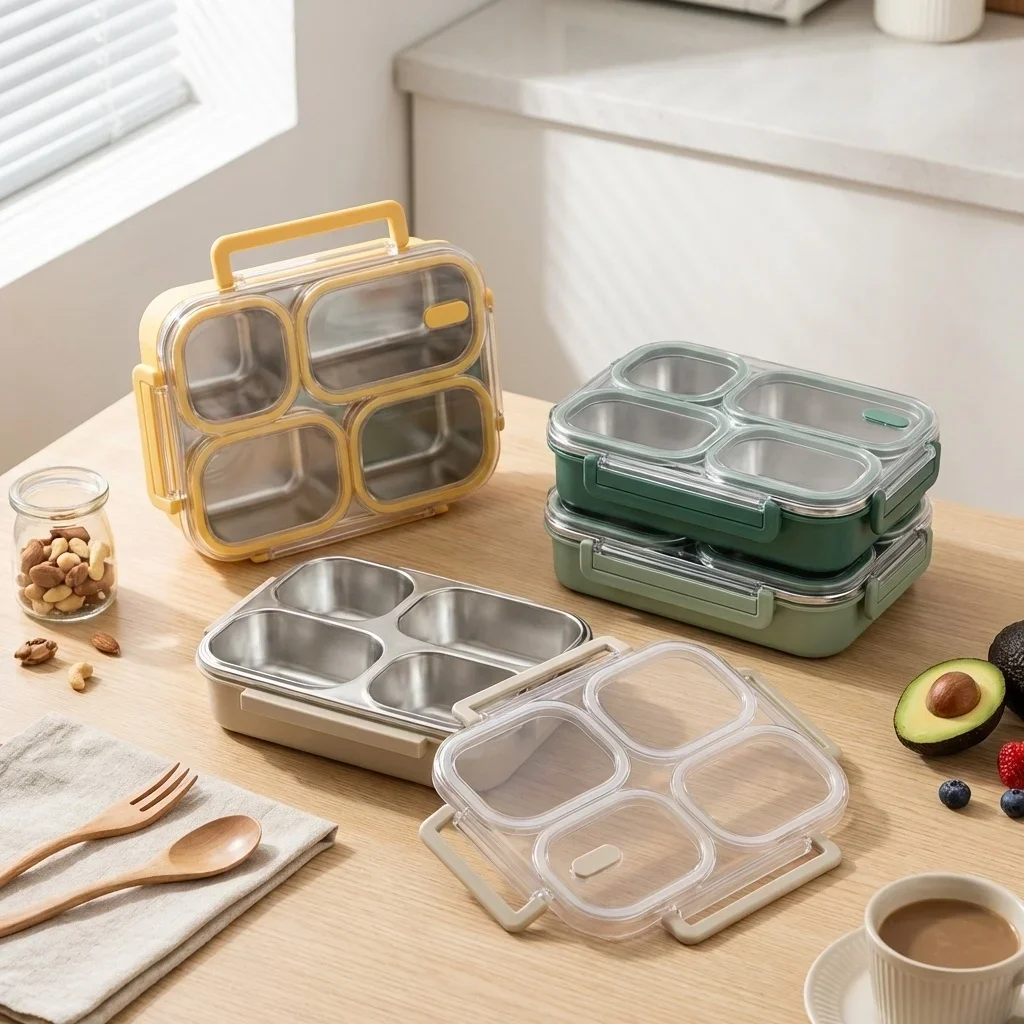 900/1200ML Portable 304 Stainless Steel Divided Lunch Box Large Capacity Sealed Food Container for Students Adult Microwave Safe