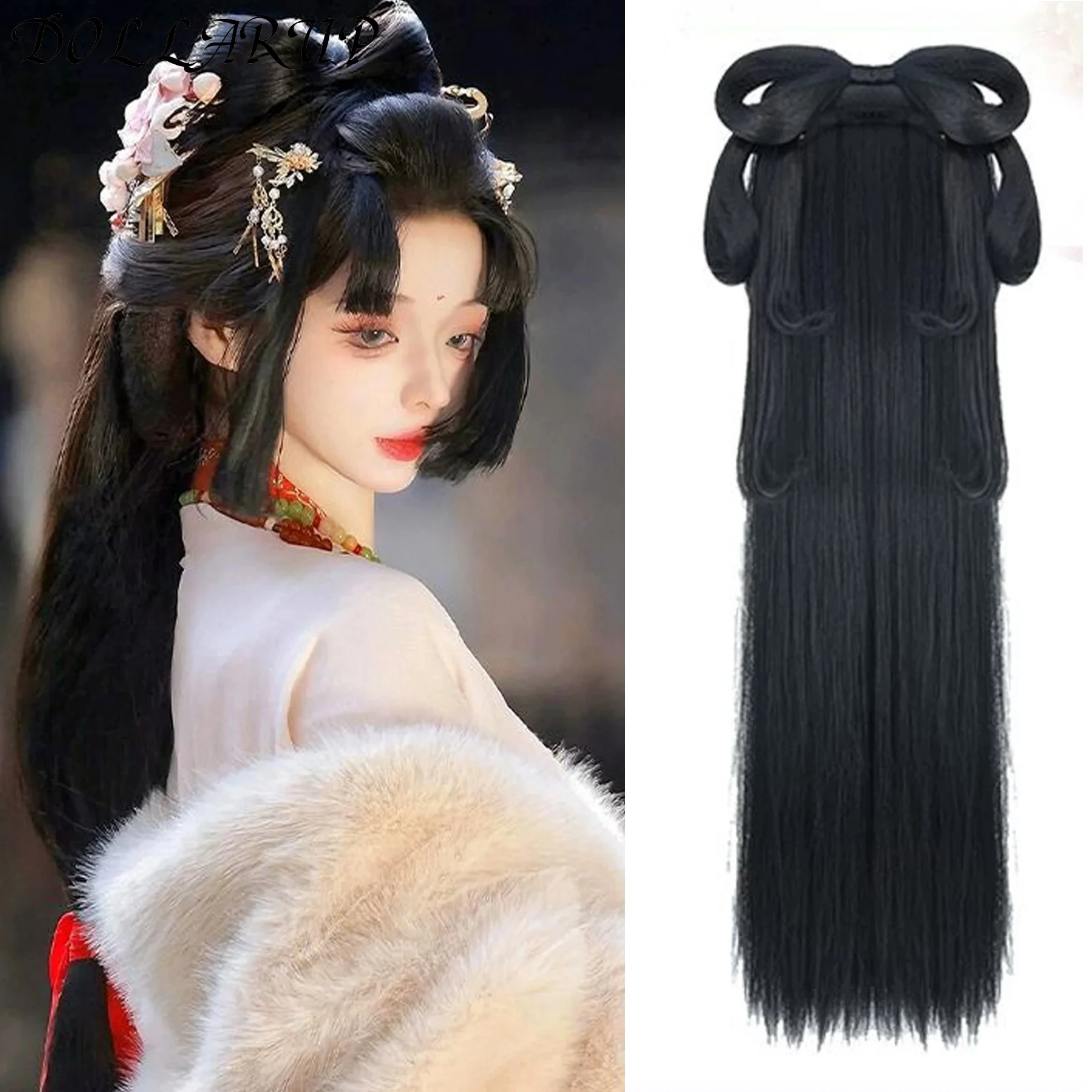 JKL Chinese Ancient Wig Women Hanfu Wigs Headdress Photography Dance Accessory Wigs Black For Women Integrated Hair bun