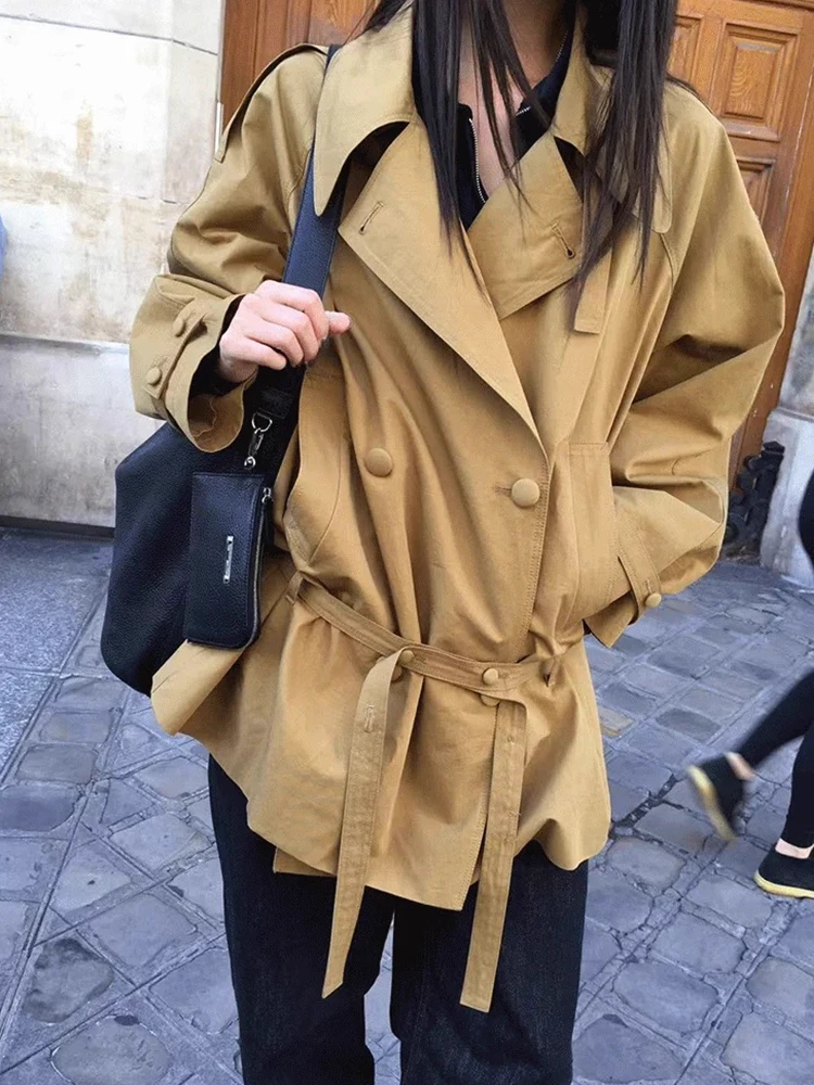 

Slimming Pure Color Long Sve Double Breasted Waist Cinched Briti Sle Autumn Jaet Women's Coat Korean Sle Loose Fit