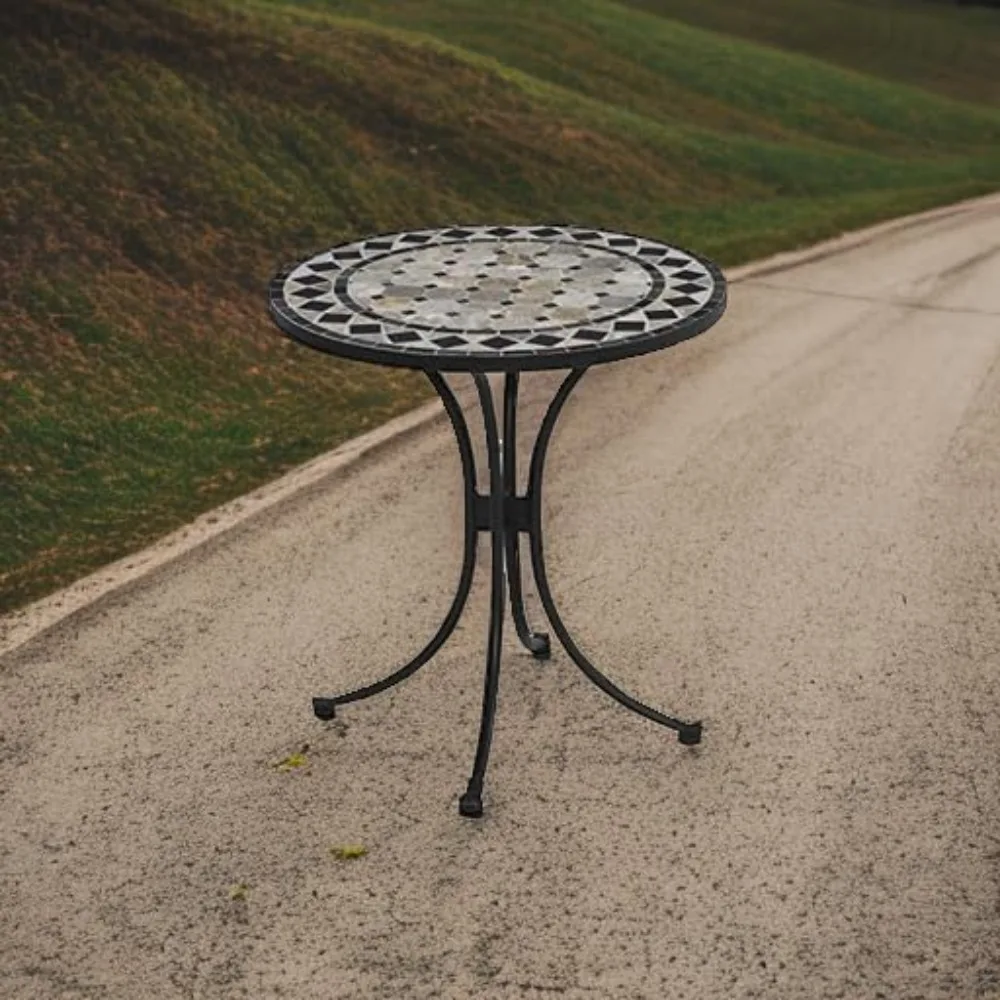 Small Outdoor Bistro Table with Marble Tiles Design Table Top Constructed From Powder Coated Steel, Black, 27.5Lx27.5Dx30H