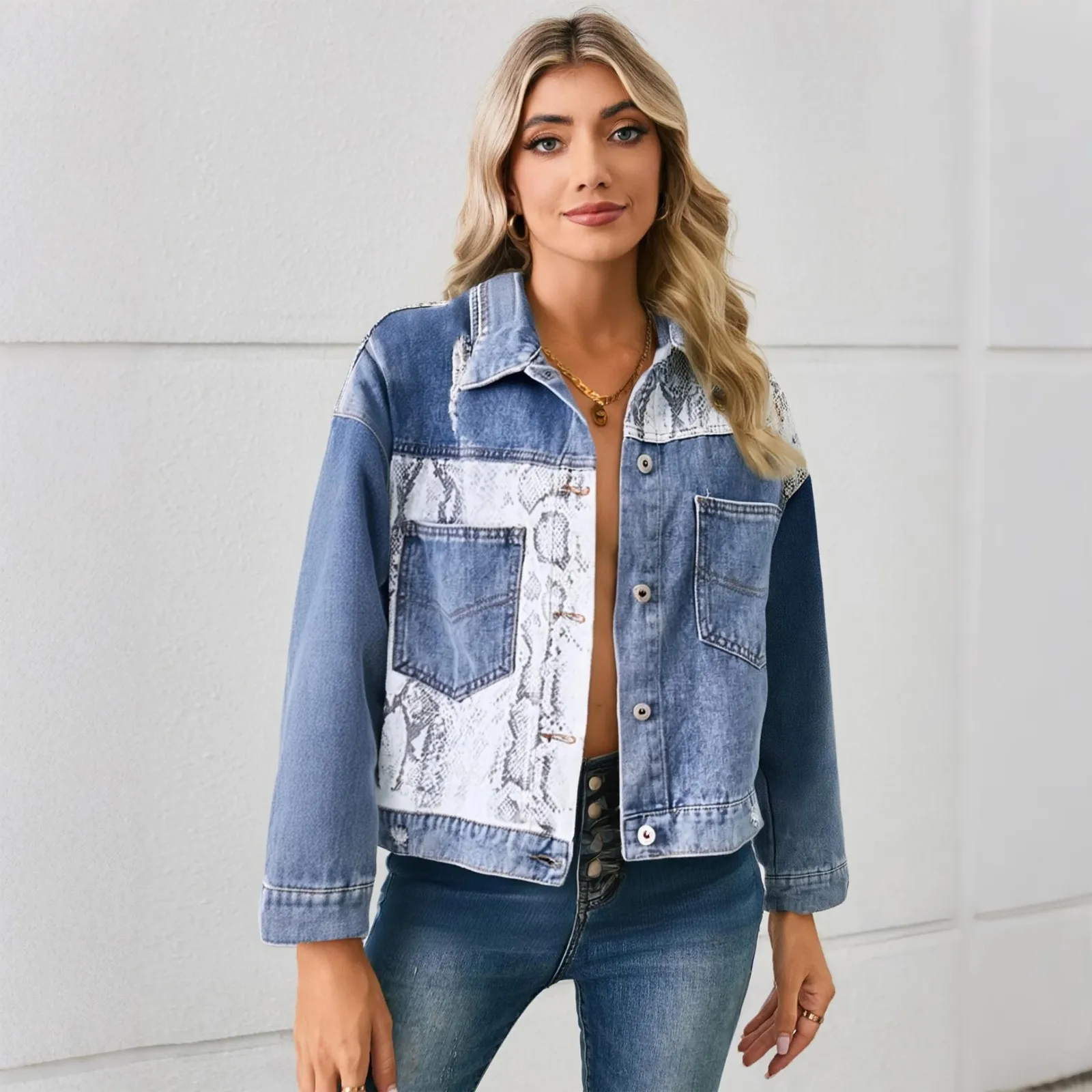 

Personalized street denim jacket for women fashion casual colorblock denim jacket cropped top single breasted denim coat
