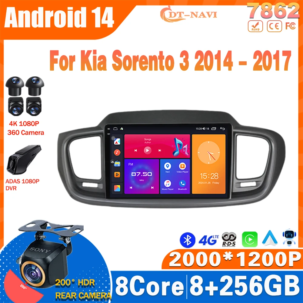 

Android 14 Car Radio For Kia Sorento 3 2014 - 2017 Multimedia Video Player GPS Carplay Stereo NO 2Din DVD Head Unit WIFI BT 4G