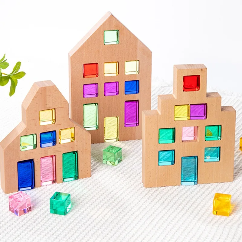 Beech house building block with windows scene building toys early education puzzle light transmission