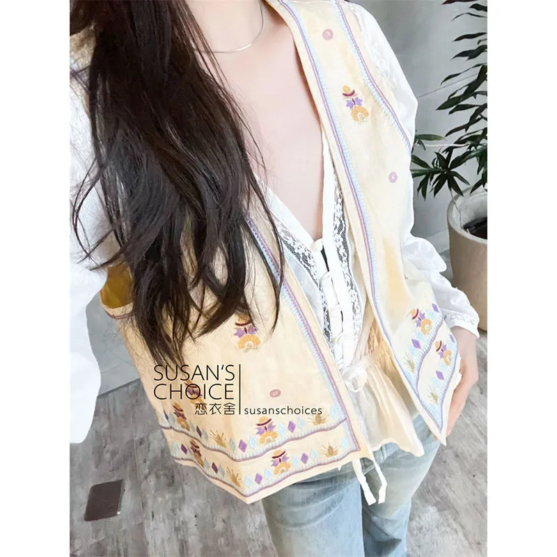 

Susan Faion Льняной желтый жилет с вышитым принтом, топ в этническом стиле, модная маленькая летняя женская одежда