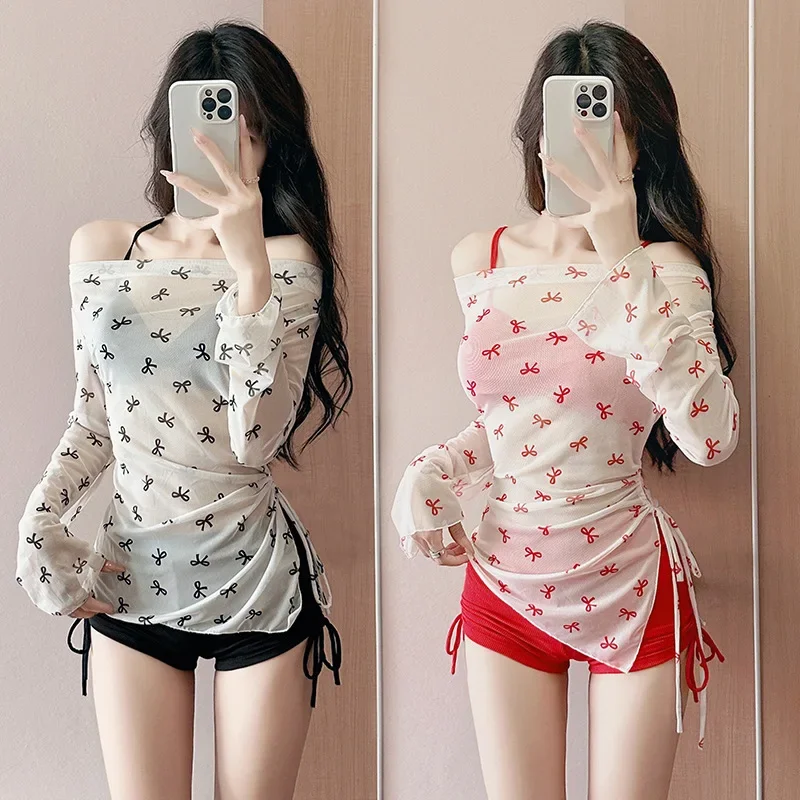 أطقم بيكيني بفيونكة محافظة على الموضة الكورية المثيرة مكونة من ثلاث قطع شورت برباط مع غطاء شبكي منظور ملابس سباحة سموك