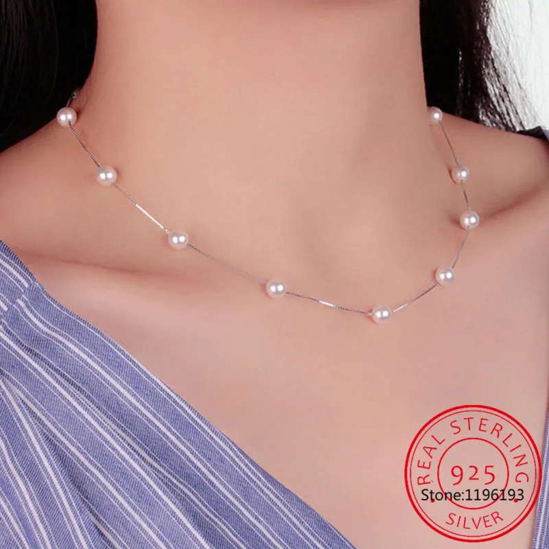 925 Sterling Silver Jewelry 12 Pcs 6mm Pearl Box Chain Choker Necklace Kolye Collares Bijoux Femme S-n54