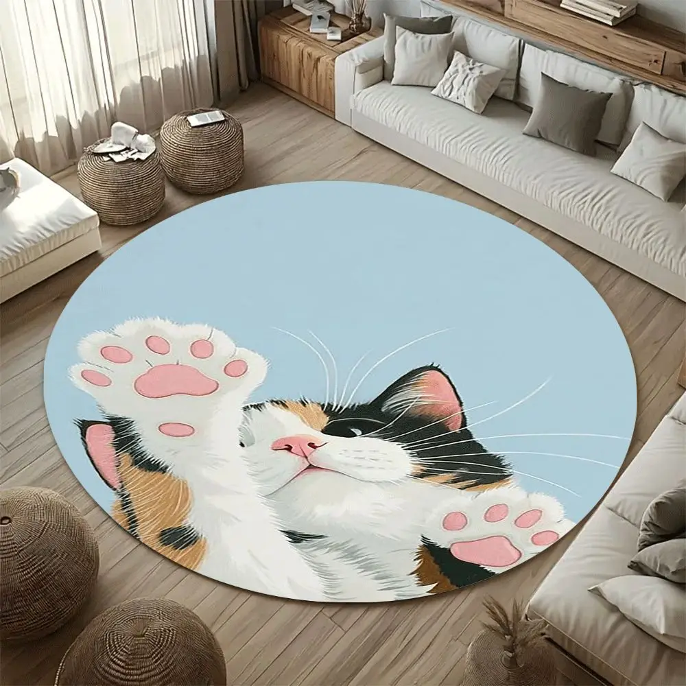 Cute Kitten Paw Printed Round Area Rug, Creative Cat Footprint Pattern Circular Floor Mat for Living Room Bedroom Home Decor