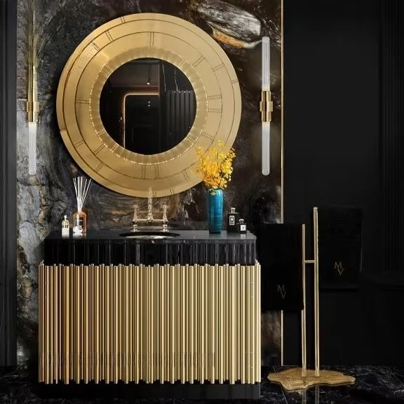 Customized Italian Design Bathroom Cabinet With Sink Stainless Steel Black Marble Top Small Size Washbasin