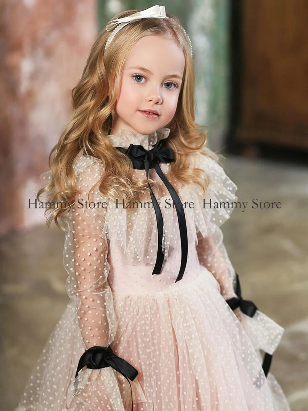 Robes de fête d'anniversaire mignonnes pour filles, robe de reconstitution historique à pois, tutu à manches longues et col haut, ligne A bouffante, robe à fleurs