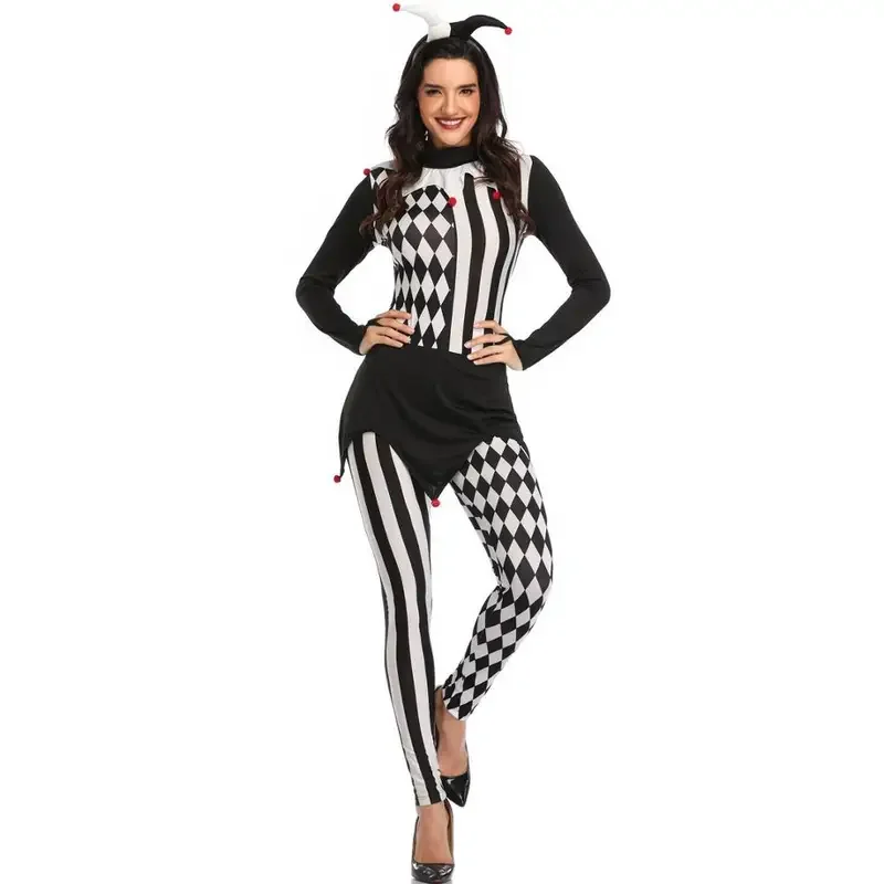 Women Killer Clown Costume Adult Cosplay Terror Clown Jumpsuits Halloween Funny Scary Clothing White Black Stripe Clown Outfits