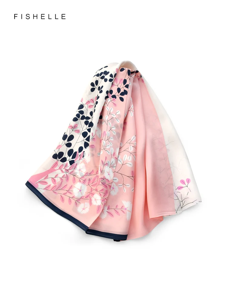 Pink plant printed long scarf women real natural silk bandana 100% pure silk shawl ladies spring summer luxury scarves