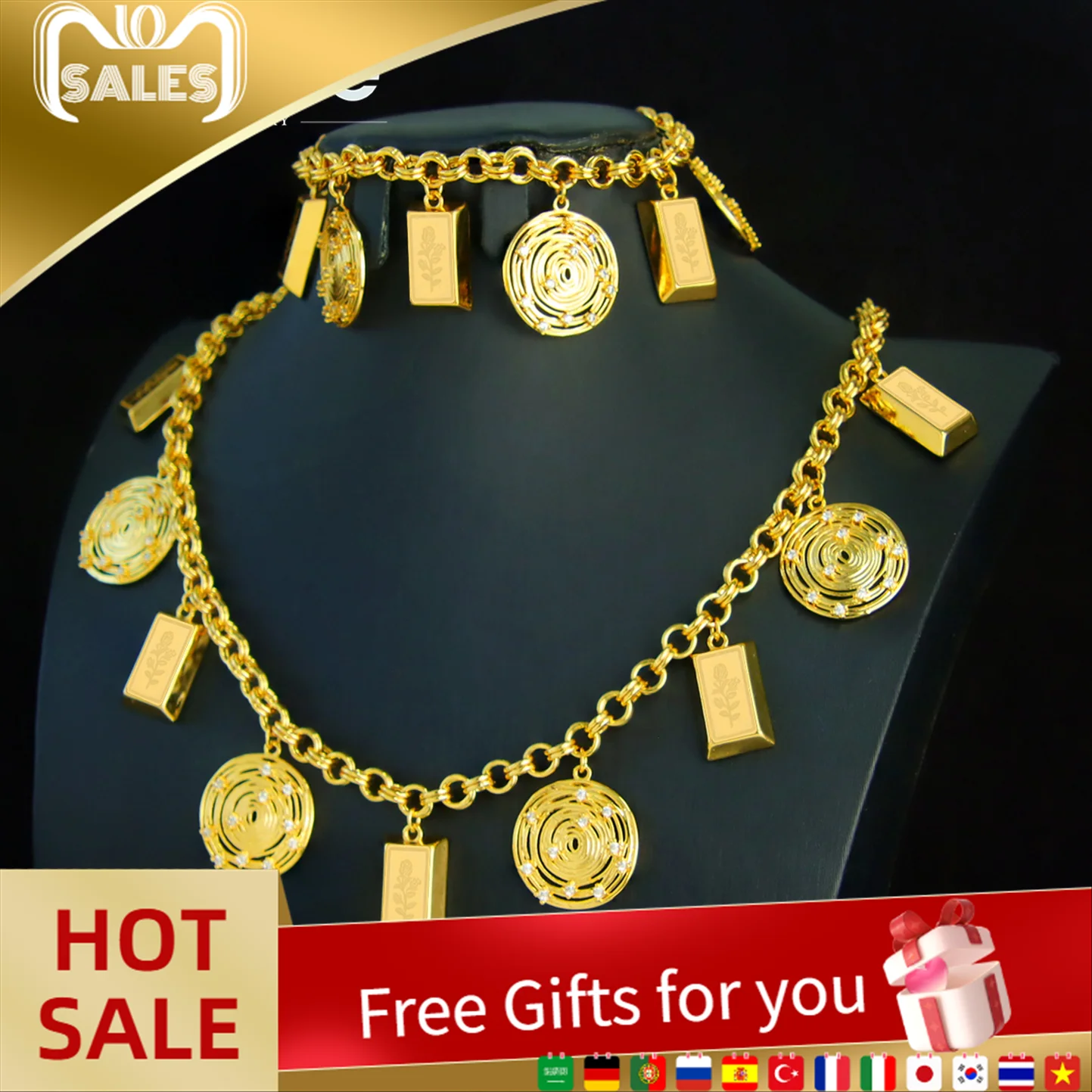 

Italian Charm Pendant Necklace Set 21k Gold Plated Arabic Classy Golden Punk Chokers Dubai Women Wedding Party Jewelry Gifts
