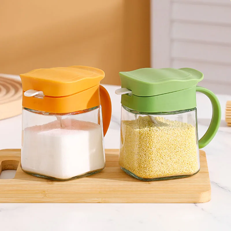 Glass Seasoning Tank 2025 New Household 300ml Handle Transparent Kitchen Salt Shaker with Lid Scoop Green Fresh Sealed Jar