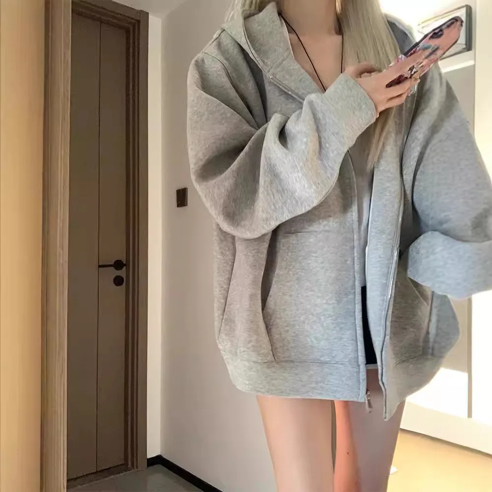 

Korean Lazy Style Gray Hooded Sweatshirt Women's Autumn and Winter Fleece Thickened Lazy Loose Cardigan Zipper Jacket Top