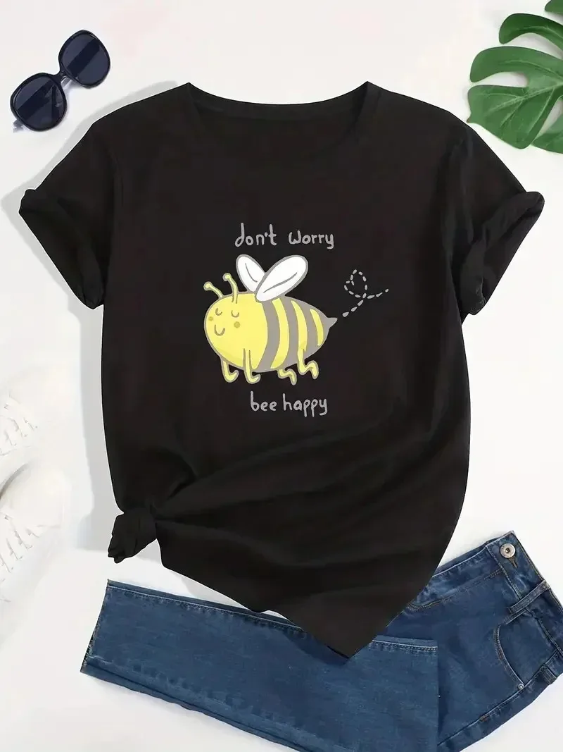 

Cartoon Bee Printed Round Neckline T-shirt, Daily Short Sleeve T-shirt for Spring and Summer, Women's Clothing Girls Clothes
