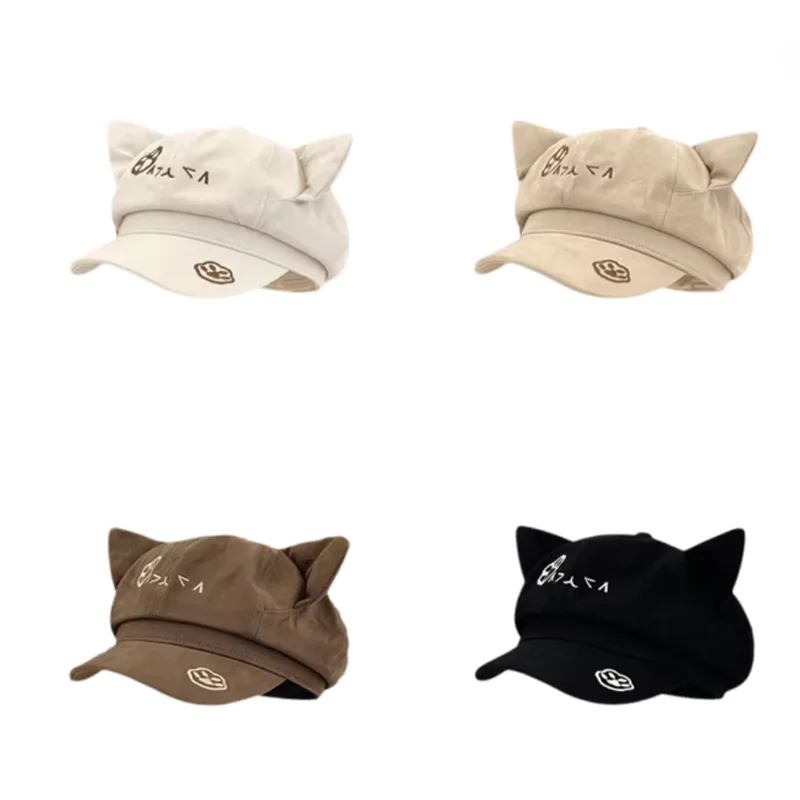1PC Women Sweet Cute Cartoon Cat Ears Beret Hat Versatile Casual Commute Cap Large Head Size Octagonal Beret Hat CJCYMZ090